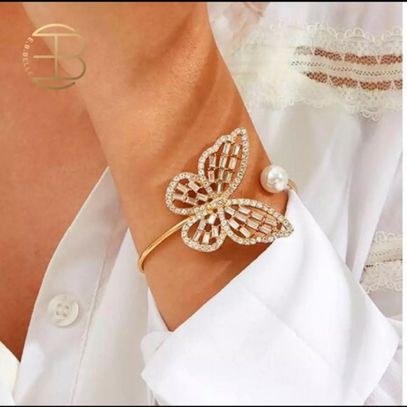 Jewelry - Butterfly Rhinestone Pearl Cuff Bracelet